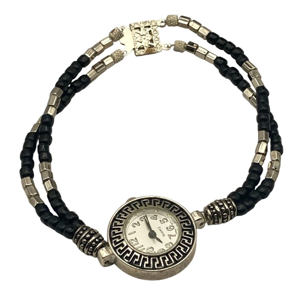 Charming Womens Watch 24mm and Decorative Bracelet New Battery Silver Black Tone